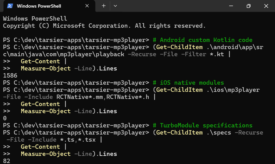 PowerShell line counts showing 1,586 lines of custom Android Kotlin, no native iOS modules yet, and 82 lines of TurboModule specifications