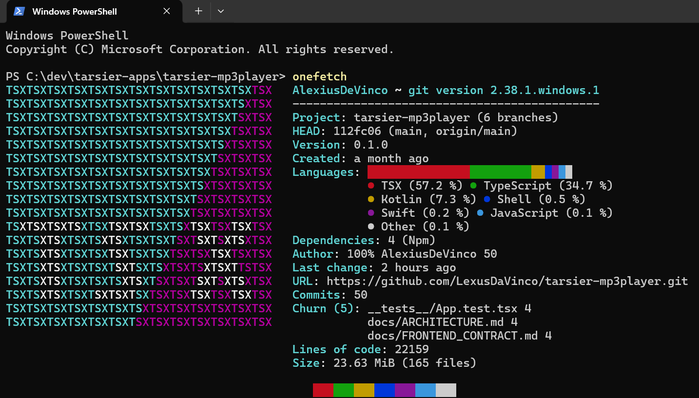 Onefetch repository summary showing 22,159 lines across 165 files, with TSX, TypeScript, and Kotlin making up nearly all of the MP3 player codebase