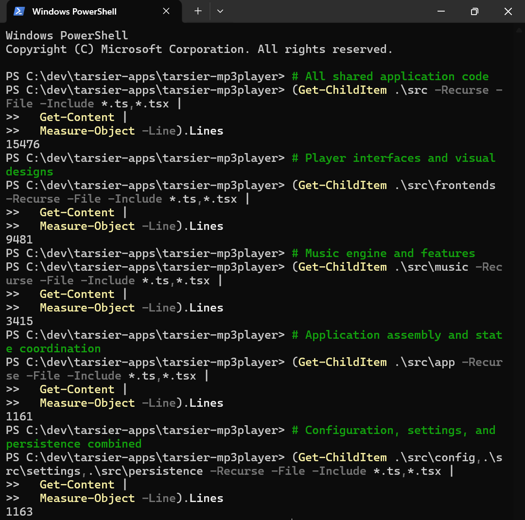 PowerShell line counts showing 15,476 lines of shared application code, including 9,481 frontend lines and 3,415 music-engine lines