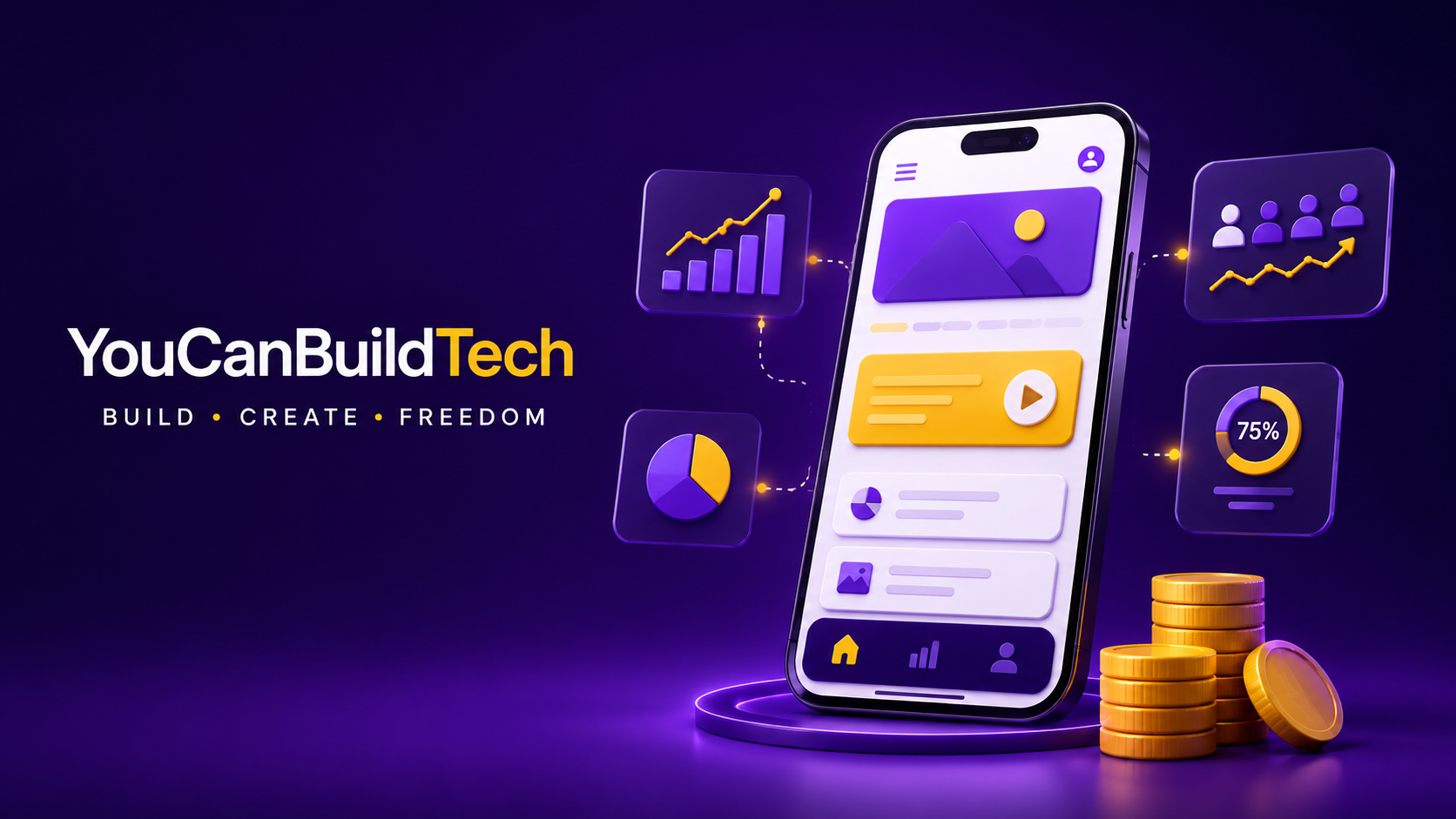 A mobile app surrounded by ad-performance charts and stacks of coins, illustrating mobile advertising revenue.