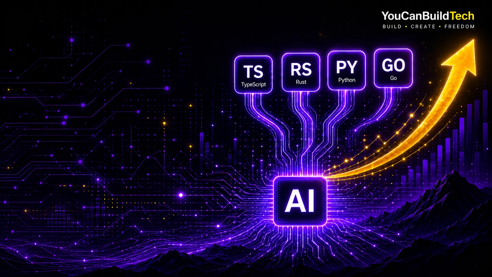 TypeScript, Rust, Python, and Go flow into an AI chip beside an upward growth arrow.