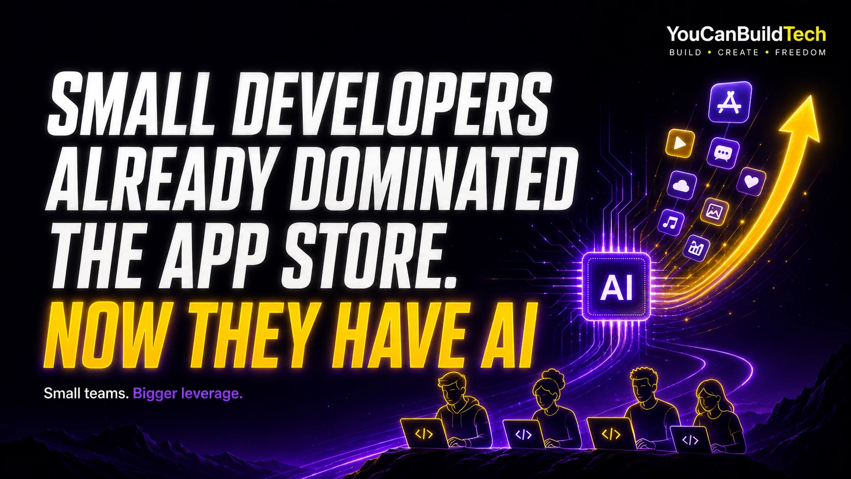 Small developers building with AI as an upward arrow rises from an AI chip.