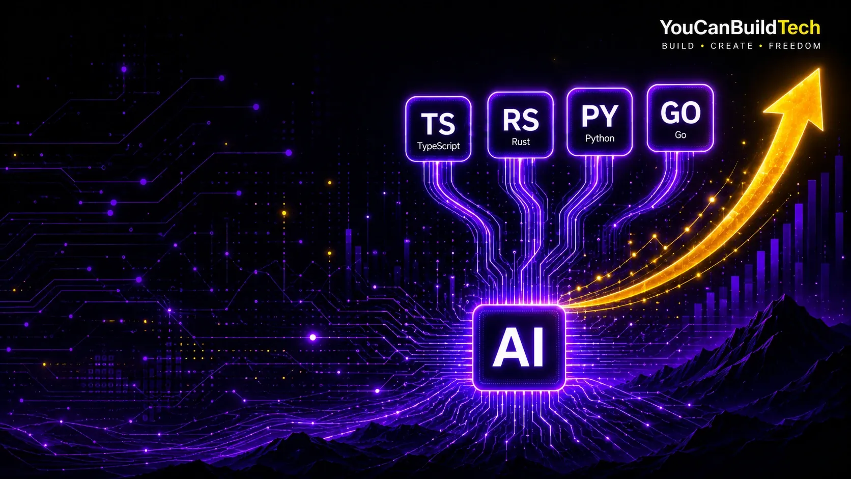 TypeScript, Rust, Python, and Go flow into an AI chip beside an upward growth arrow.