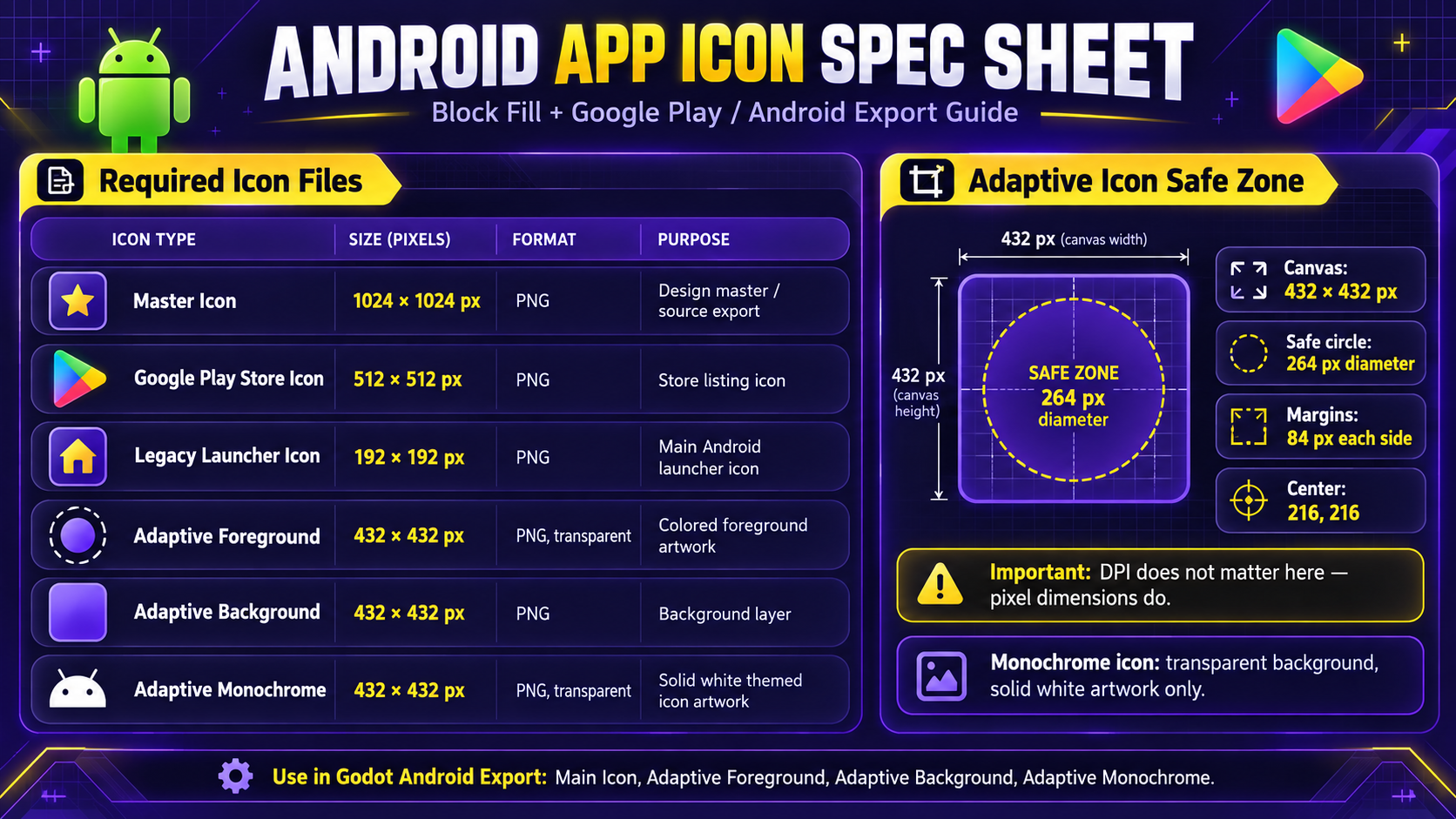 Android app icon spec sheet showing icon sizes, adaptive layers, and the 264-pixel safe zone on a 432-pixel canvas