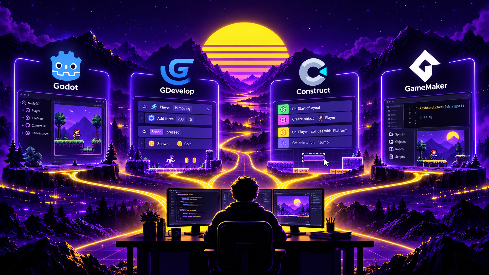 A solo developer choosing among Godot, GDevelop, Construct, and GameMaker