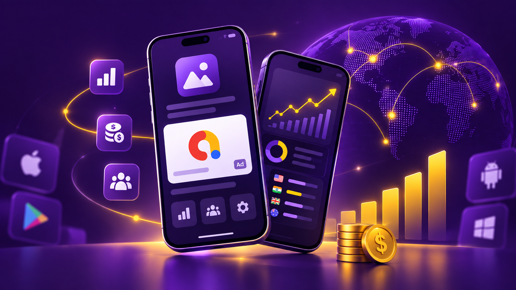 Two smartphones displaying mobile-ad and revenue analytics in front of a connected globe and rising revenue bars.