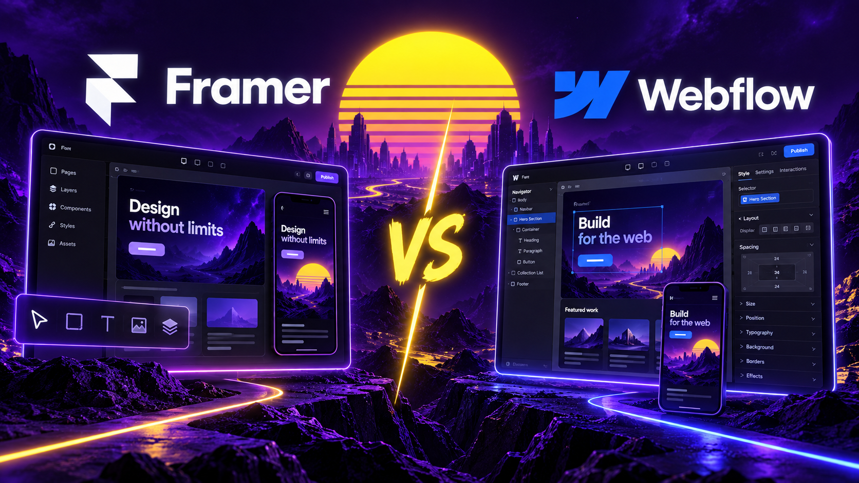 Framer and Webflow website-building interfaces compared side by side