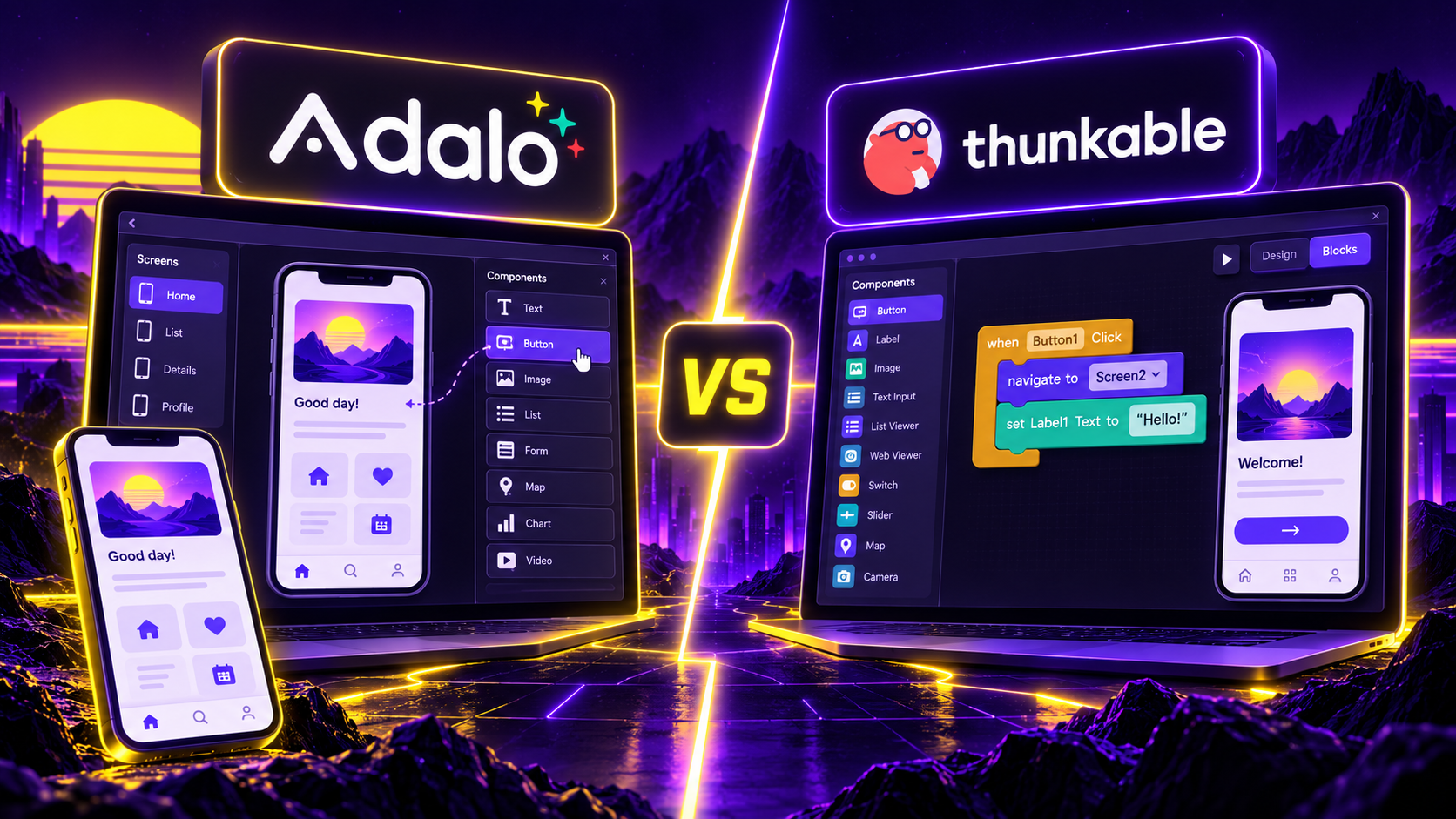 Adalo and Thunkable visual app-building interfaces compared side by side