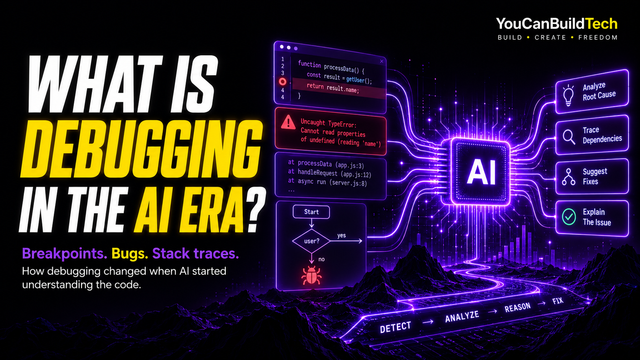 What Is Debugging in the AI Era? A coding error flows through an AI system that analyzes the root cause, traces dependencies, suggests fixes, and explains the issue.
