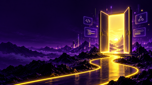 An open glowing doorway leading along a path toward coding and technology